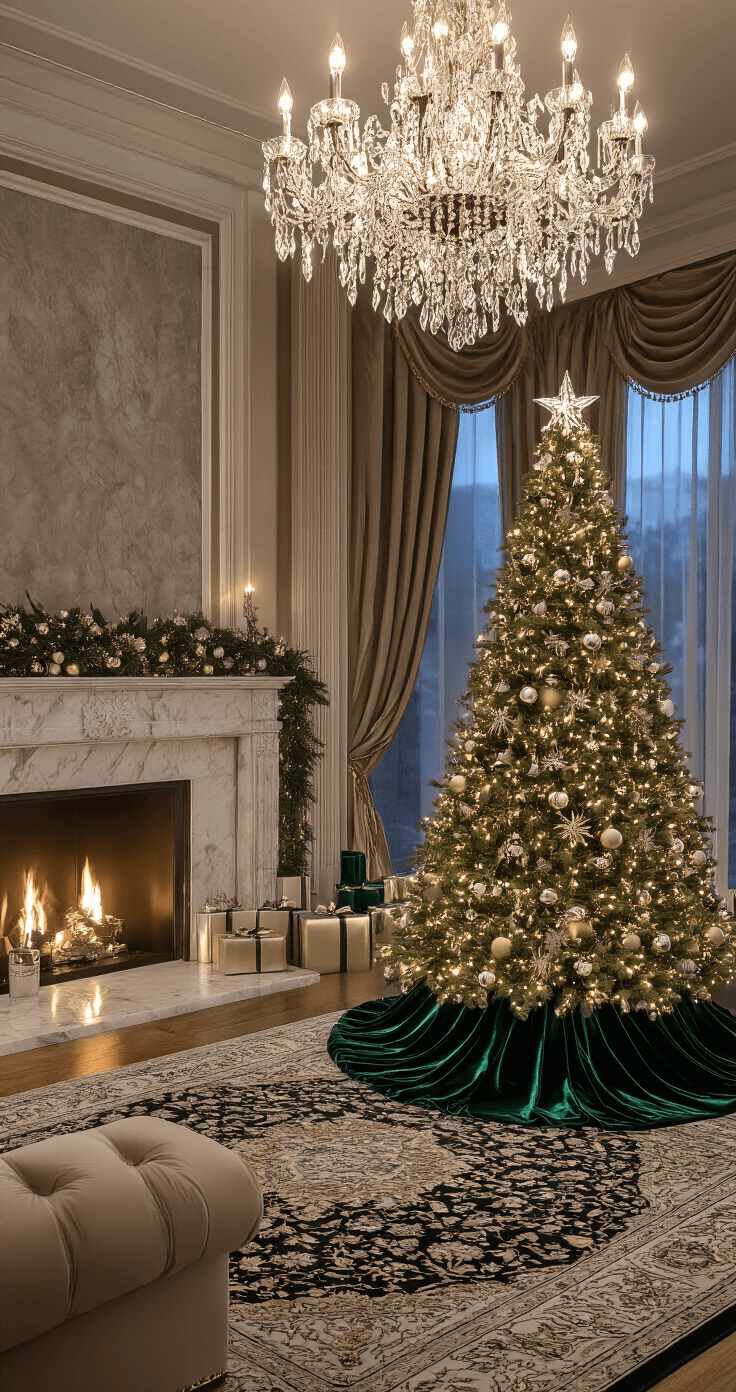 Elegant living room at twilight featuring a crystal chandelier, a perfectly proportioned Christmas tree with a deep forest green velvet skirt, metallic wrapped presents, a marble fireplace, a champagne tufted velvet sofa, silk drapery, a patterned Persian rug, and polished silver accessories, all contributing to an opulent holiday atmosphere.
