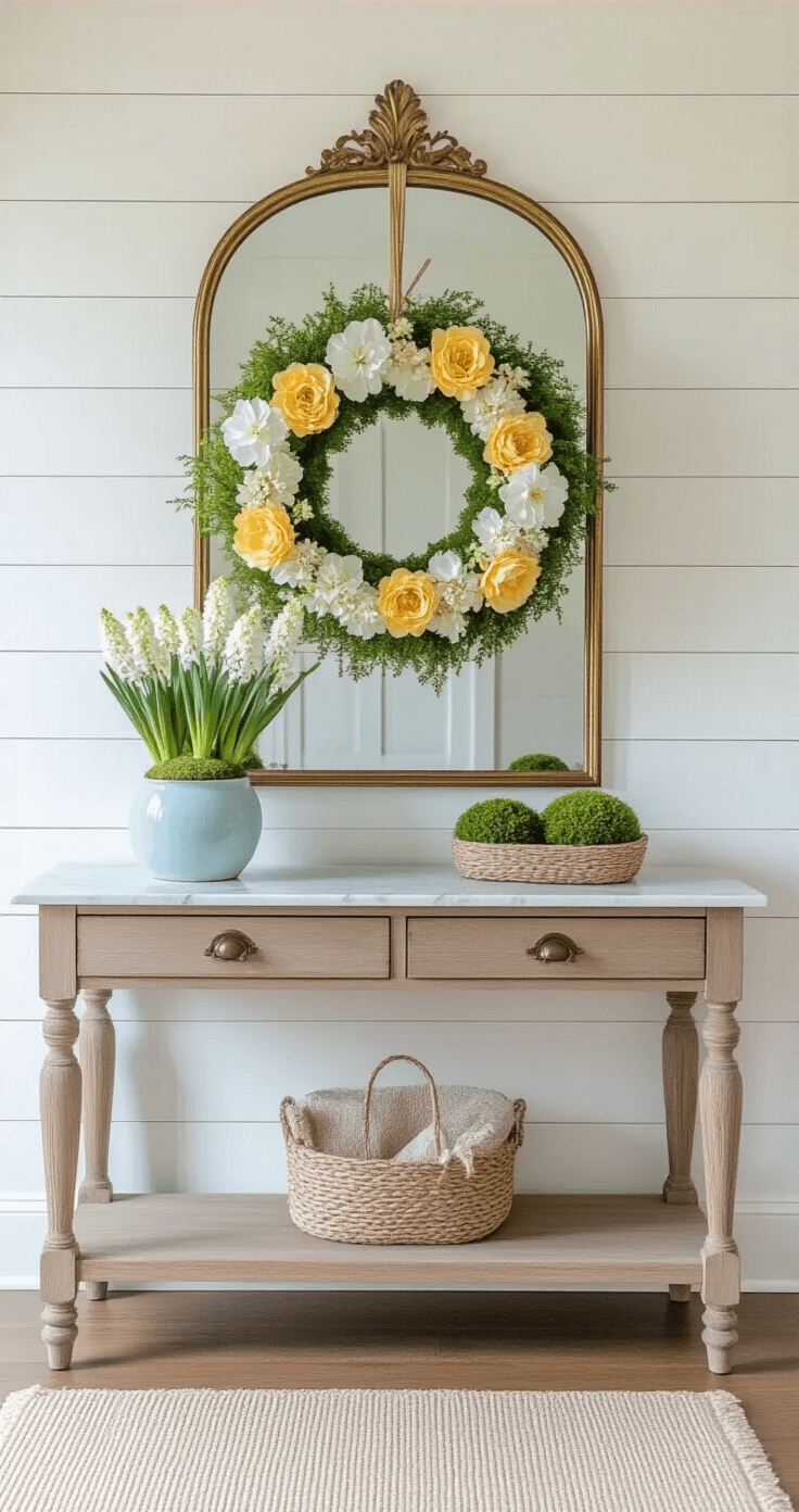 Bright entryway featuring white shiplap walls, a vintage wooden console table with a marble top, a large spring wreath of soft yellow and white silk flowers, a potted hyacinth in a pale blue ceramic planter, and an antique brass mirror, creating a warm and welcoming atmosphere.