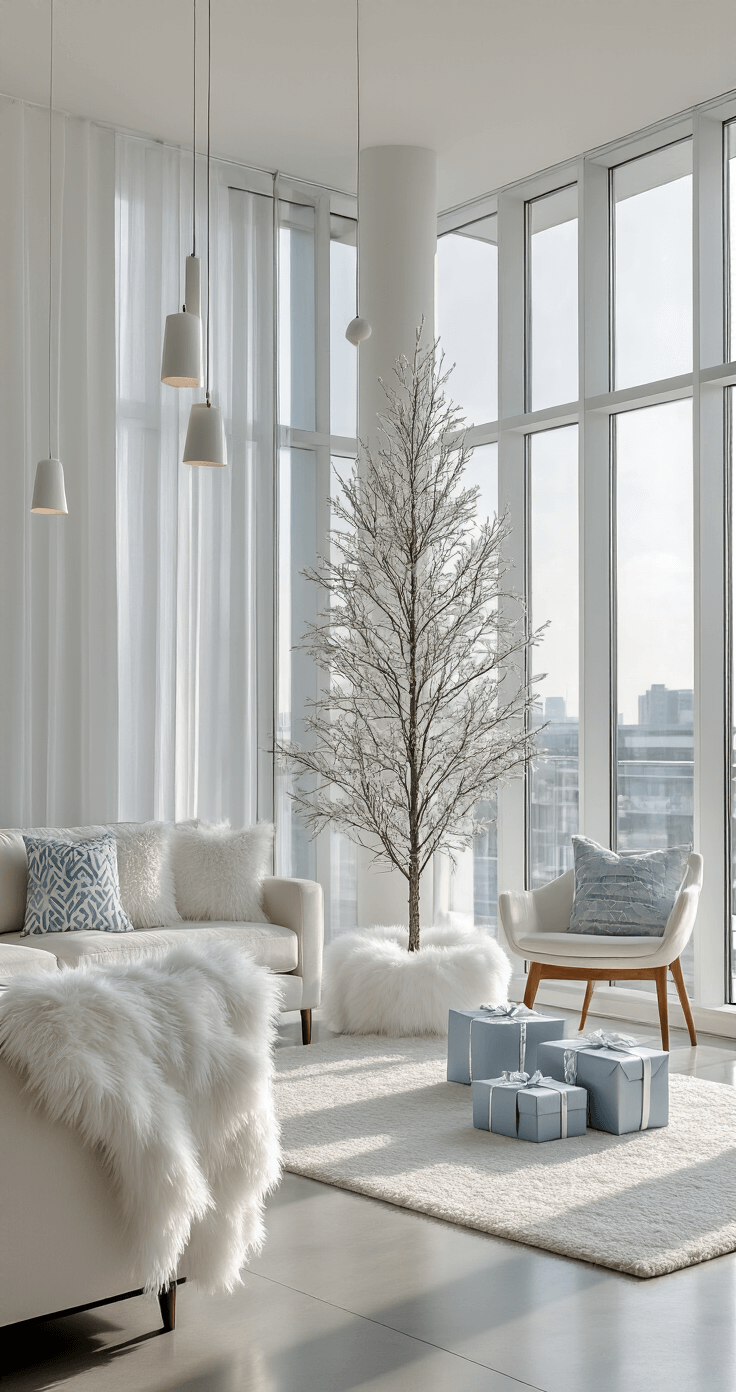 A contemporary apartment living space bathed in bright morning light, featuring floor-to-ceiling windows, a sleek 6-foot tree with a minimalist white faux fur skirt, and a monochromatic color scheme of whites, silvers, and pale blues, complemented by mid-century modern furniture and geometric-patterned throw pillows on polished concrete floors. Pendant lighting with clean lines enhances the uncluttered modern aesthetic, while wrapped gifts in coordinating papers are strategically placed throughout the space.