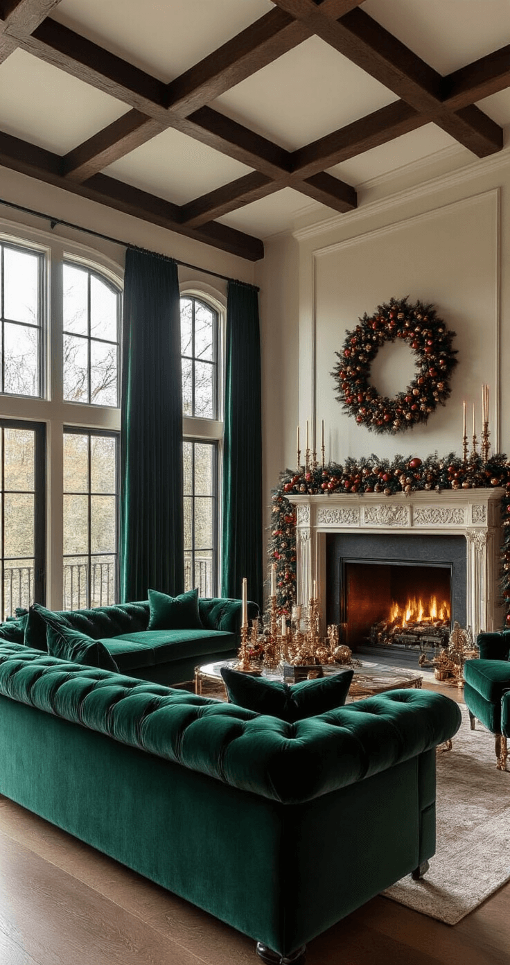 A sophisticated living room decorated for Christmas with emerald velvet sofas, a grand fireplace adorned with sapphire and ruby ornaments, champagne gold accents, bronze candlesticks, and copper garland, featuring exposed dark wood beams and warm golden hour lighting.