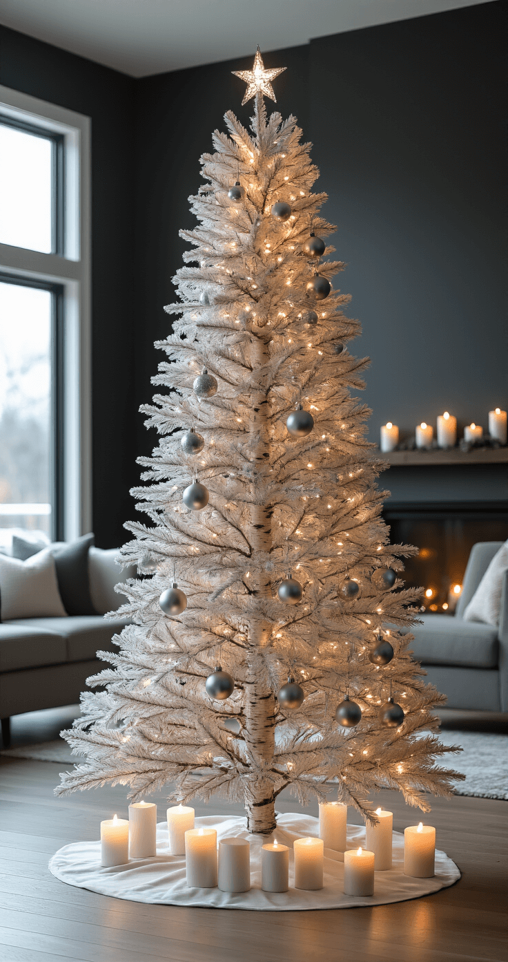 Close-up of a towering 12-foot birch Christmas tree with metallic silver accents and beaded ornaments, serving as a centerpiece in a minimalist great room with white oak floors and charcoal walls, surrounded by modern furniture. The low-angle shot emphasizes the tree's height, illuminated by soft LED lighting and warm white candles creating an intimate evening ambiance.