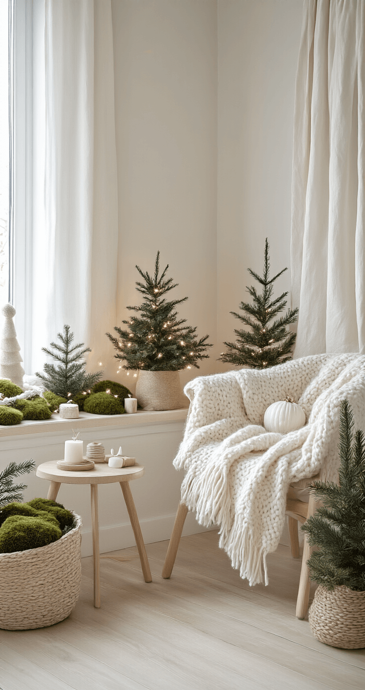 Cozy Scandinavian-inspired Christmas corner with handcrafted decorations, soft morning light, and natural materials, featuring light pine floors, cream wool throw blankets, minimalist wooden furniture, small potted evergreens with white lights, moss arrangements, and cedar branches.