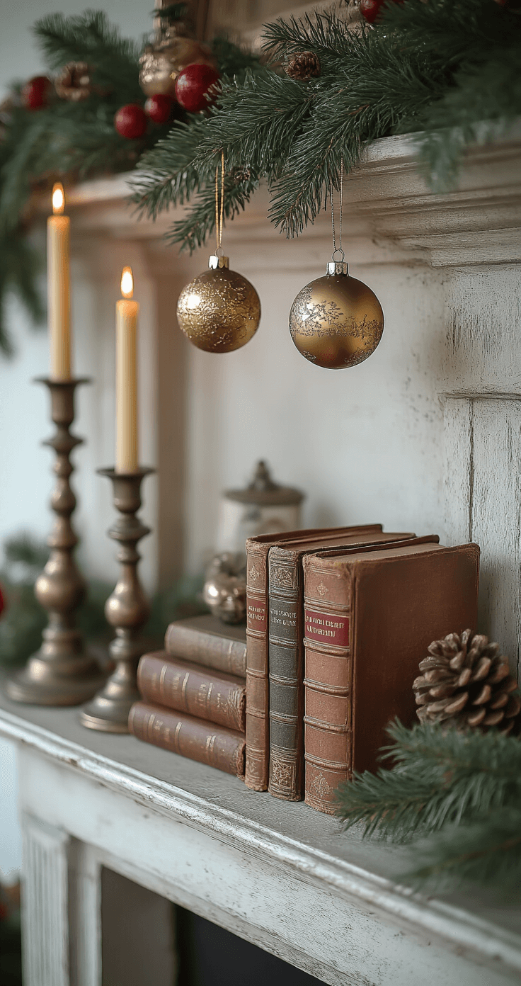 Vintage-inspired Christmas vignette featuring antique brass ornaments, tarnished silver candlesticks, and worn leather-bound books on a weathered mantle, illuminated by warm tungsten lighting.