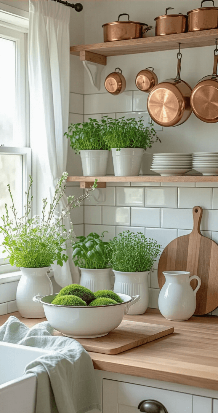 A serene farmhouse kitchen featuring open shelving, white subway tiles, and hanging copper pots. Fresh herb planters adorn the windowsill alongside linen dish towels in soft sage green. White ceramic vases with flowering branches sit on a natural wood countertop, which also showcases a vintage enamel bowl filled with preserved moss. Soft morning light filters through sheer white curtains, illuminating the relaxed spring culinary space.