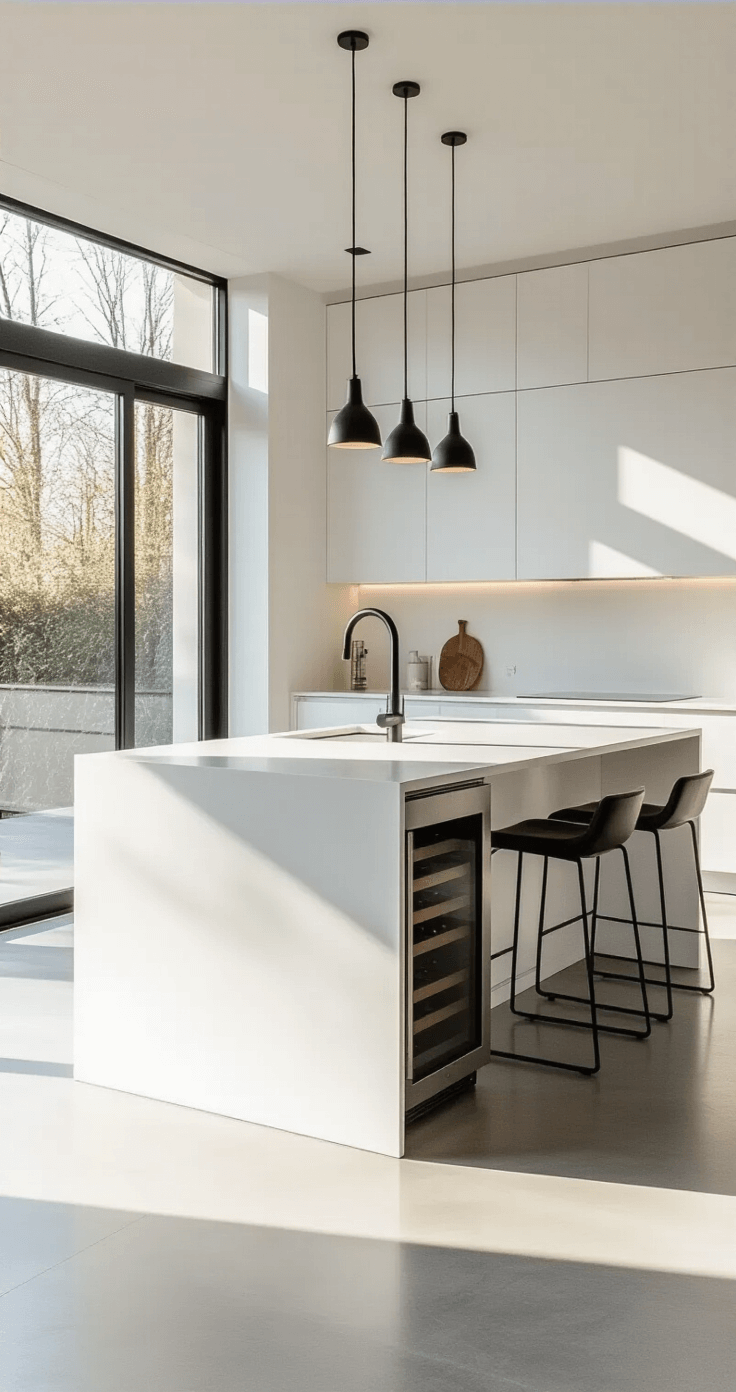 Ultra-modern minimalist kitchen featuring a central white waterfall island with a matte porcelain countertop, bathed in soft morning light from floor-to-ceiling windows, with matte black pendant lights above and stainless steel bar stools tucked underneath, all set on a polished concrete floor.