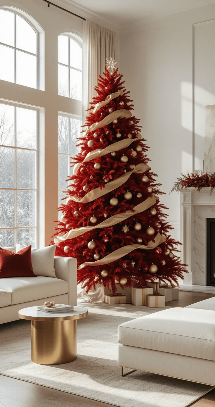 Luxurious living room featuring a dramatic 7.5-foot crimson red Christmas tree decorated with gold ornaments and champagne ribbons, beside large floor-to-ceiling windows. The space includes a cream linen sectional sofa, brushed brass side tables, and a minimalist white marble fireplace, all bathed in soft winter afternoon light.