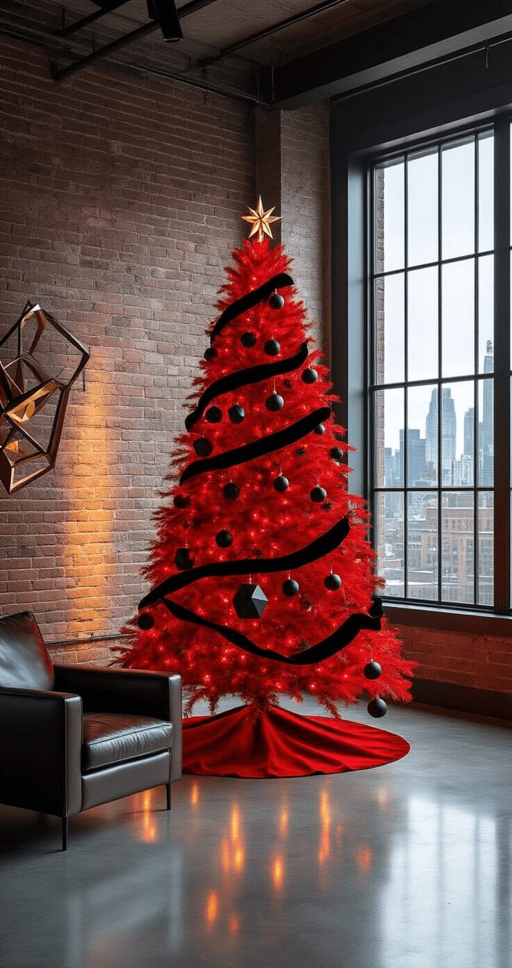 A modern industrial loft with an exposed brick wall and polished concrete floors, featuring a bold red Christmas tree adorned with black velvet ribbon and matte black geometric ornaments, positioned near steel-framed windows showcasing a city skyline, complemented by champagne gold metallic picks and minimal furniture, including a sleek leather armchair and an abstract metal sculpture, captured in low-angle photography for dramatic effect.