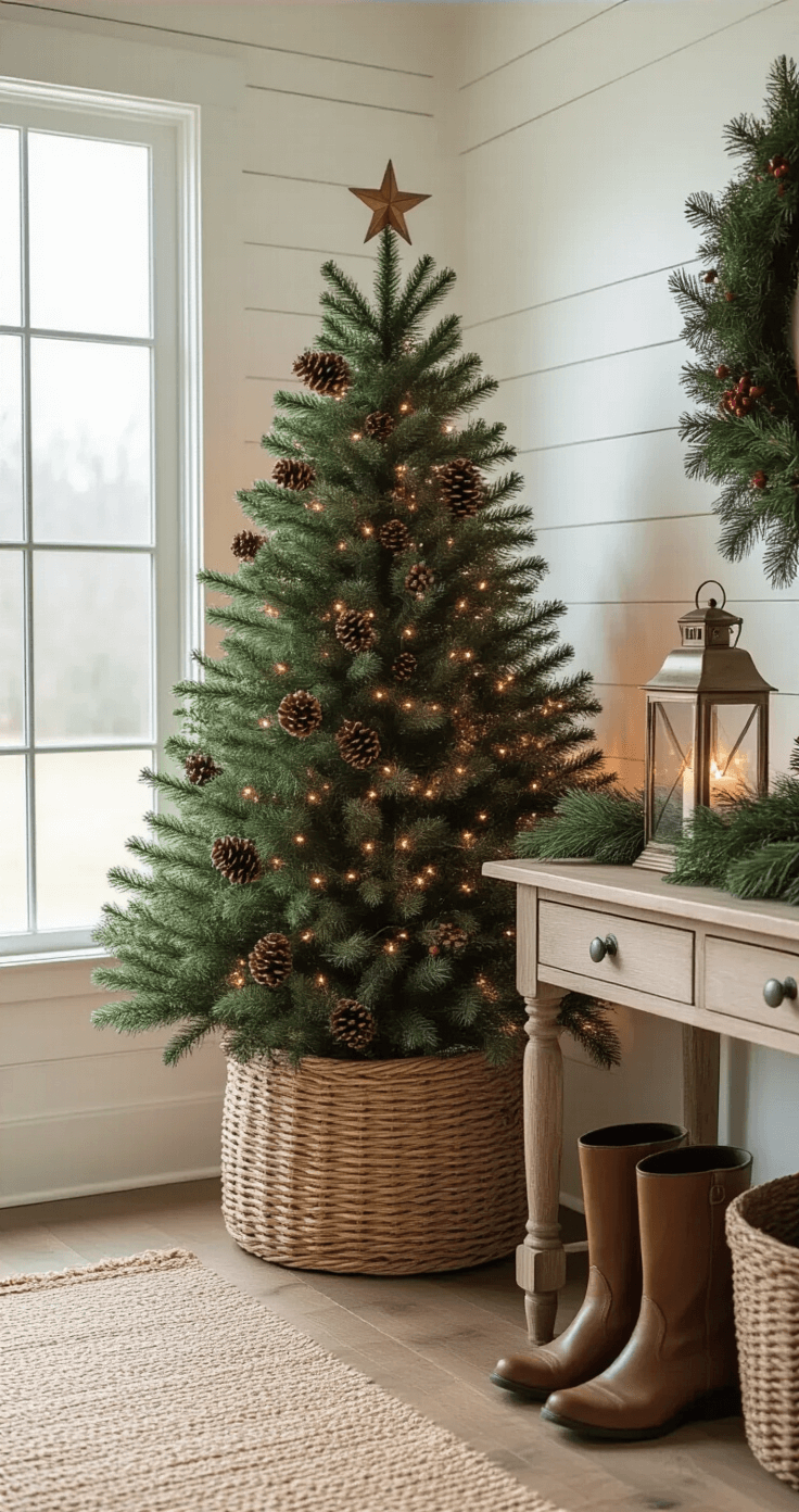 Cozy farmhouse entryway with a 4-foot red Christmas tree in a woven basket, warm lighting, pine cone and berry picks, vintage brass lantern, weathered console table with greenery garland, cream shiplap walls, jute rug, and vintage leather boots, all bathed in soft morning light.