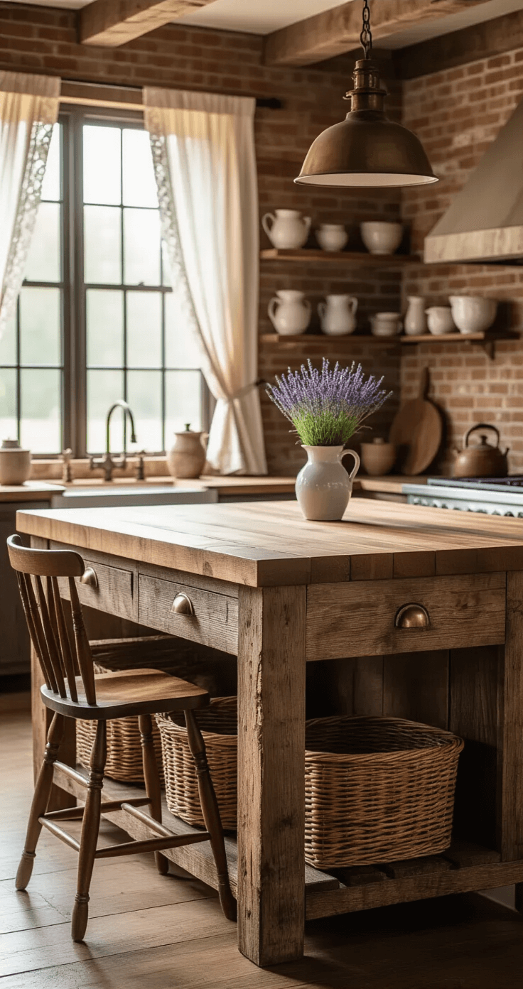 Rustic farmhouse kitchen featuring a reclaimed wood island with a thick butcher block countertop, vintage brass hardware, and soft afternoon light filtering through lace curtains, highlighting the weathered wood grain and exposed brick walls; open shelving showcases antique ceramic pitchers and cast iron cookware, with woven basket storage underneath and fresh lavender in a ceramic vase, complemented by comfortable windsor-style bar chairs with aged leather seats.