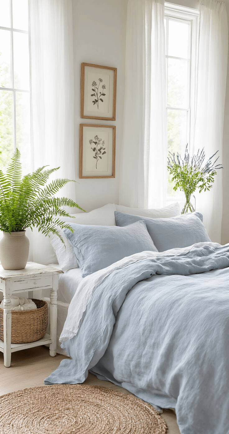 A serene bedroom with soft blue-gray linen bedding, oversized windows draped with sheer white curtains, a potted fern on a distressed white side table, vintage botanical prints, a woven basket with a lightweight cotton throw, fresh lavender in a glass vase, and early morning light casting soft shadows in a minimalist style.