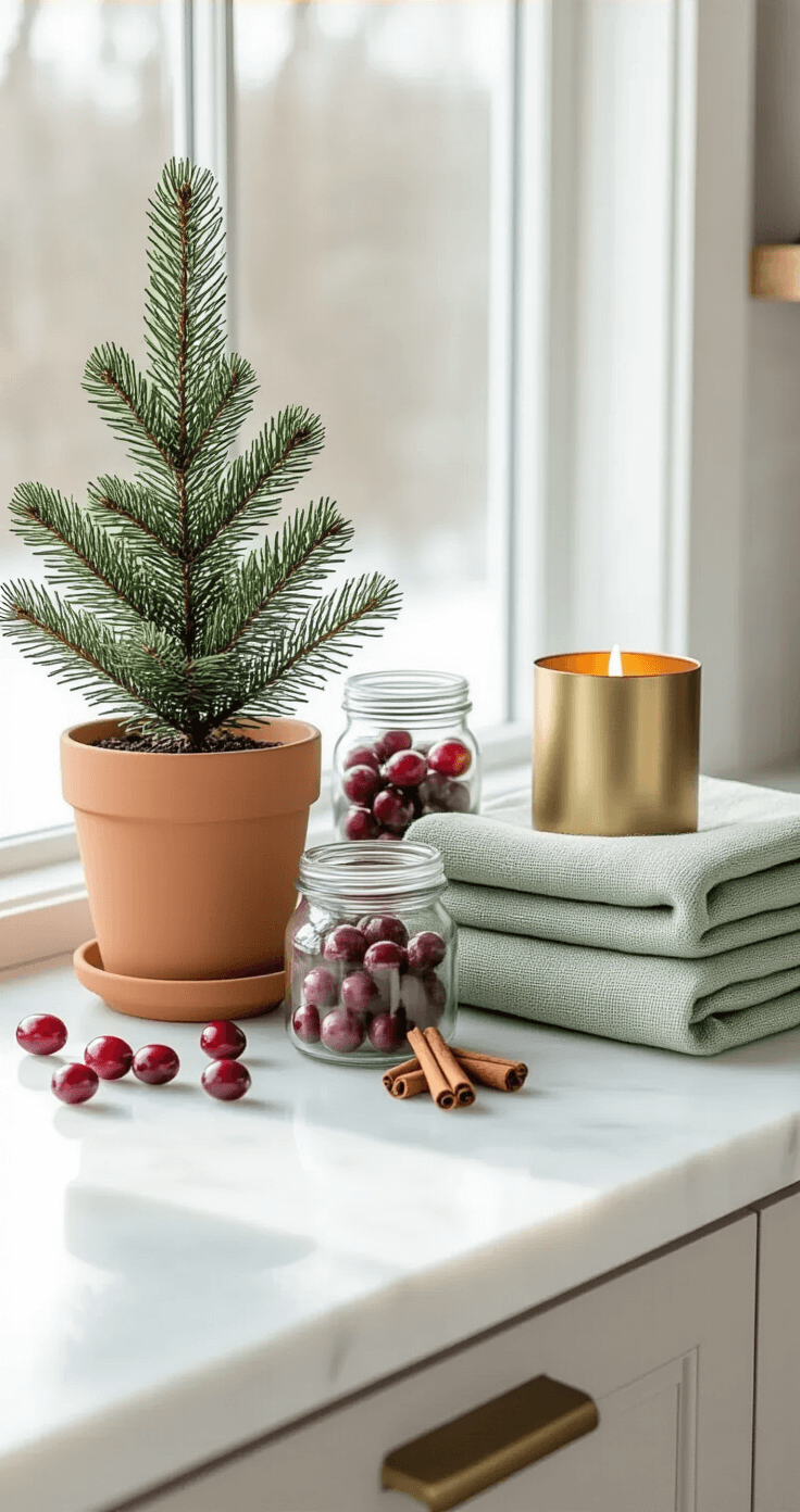 Minimalist holiday kitchen counter featuring a white marble surface, a small evergreen in a matte terracotta planter, vintage glass jars with cranberries and cinnamon sticks, a stack of sage green linen towels, and an oversized brass candle, all bathed in soft natural light.