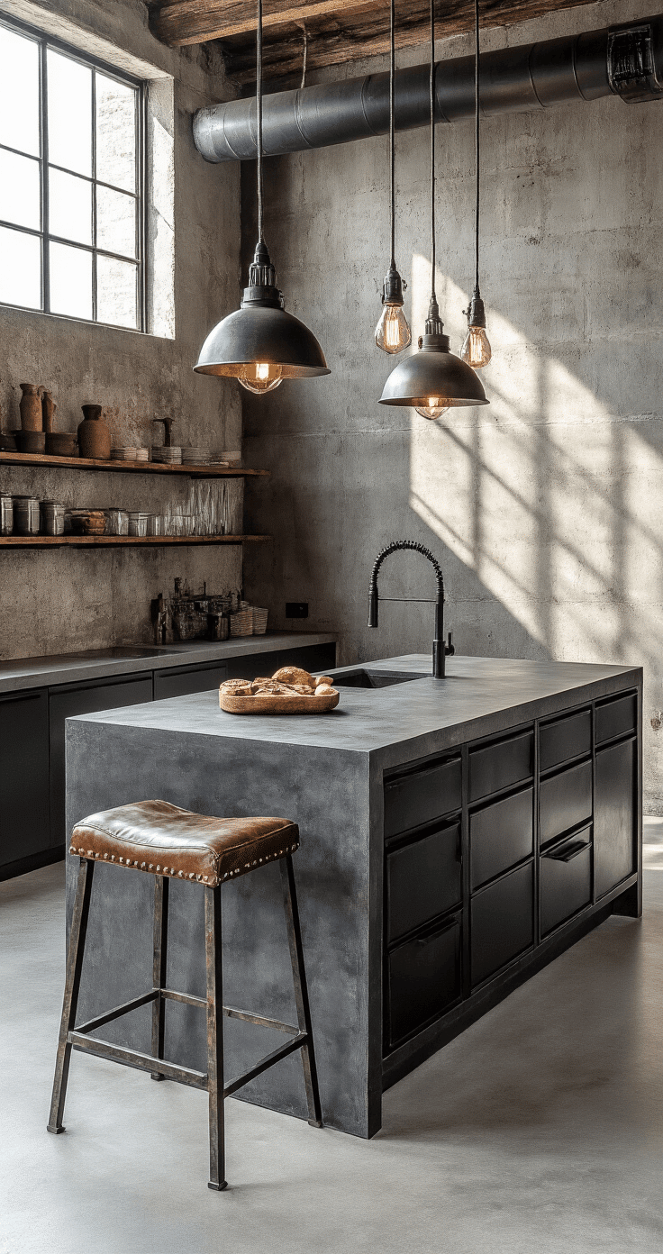 An industrial-chic kitchen featuring a concrete and steel island with an asymmetrical design, polished charcoal countertop, and vintage leather bar stools. Exposed ductwork and large pendant lights enhance the urban aesthetic, while morning light streams through a factory-style window, creating dramatic shadows across the concrete floors.