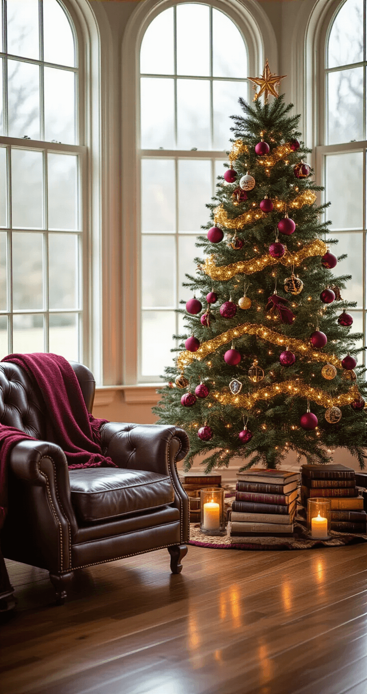 Cozy living room featuring a 6-foot Harry Potter themed Christmas tree adorned with burgundy and gold ornaments, golden snitch string lights, and antique Pottery Barn ornaments, illuminated by soft winter light through large bay windows. An aged leather armchair with a handcrafted Hogwarts throw, polished hardwood floors reflecting candlelight, and leather-bound Harry Potter books artfully stacked around the tree create a warm, magical holiday atmosphere.