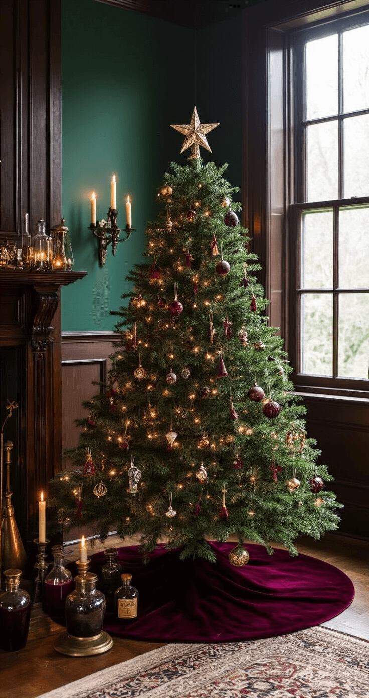 Intimate den interior featuring a Harry Potter-themed Christmas tree against an emerald green wall, adorned with wizard-themed decorations, floating candle lights, and a velvet tree skirt. Rich jewel tones and soft natural light create an enchanted atmosphere.