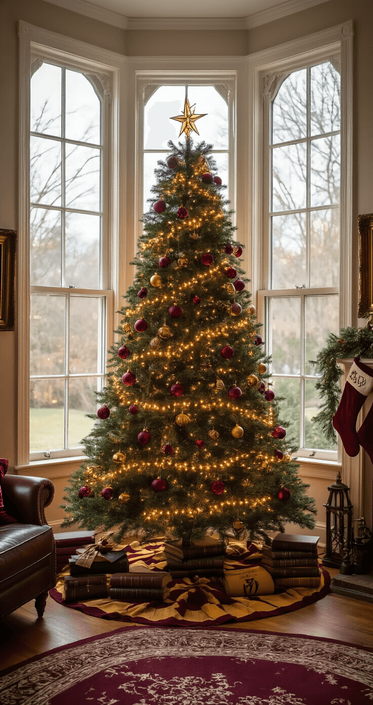 An elegant family living room with a Harry Potter-themed Christmas tree as the focal point, adorned with burgundy and gold ornaments and golden snitch string lights. Personalized Hogwarts house stockings hang nearby, and vintage Harry Potter books are stacked at the tree's base. Warm amber lighting enhances the magical atmosphere, complemented by a plush area rug and antique gold picture frames.