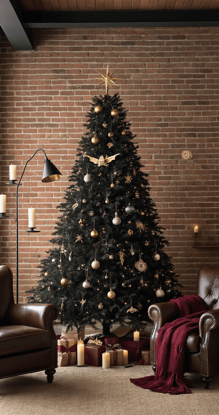 A rustic-modern living space featuring a dramatic black Harry Potter-themed Christmas tree adorned with delicate ornaments, set against an exposed brick wall. Vintage leather armchairs flank the tree, with a Gryffindor-colored throw draped over one. Floating candles hang nearby, casting a magical glow, while warm light catches the details of golden snitch and collectible ornaments. The room's rich color palette of deep blacks, burnished golds, and burgundy accents enhances the enchanting atmosphere.