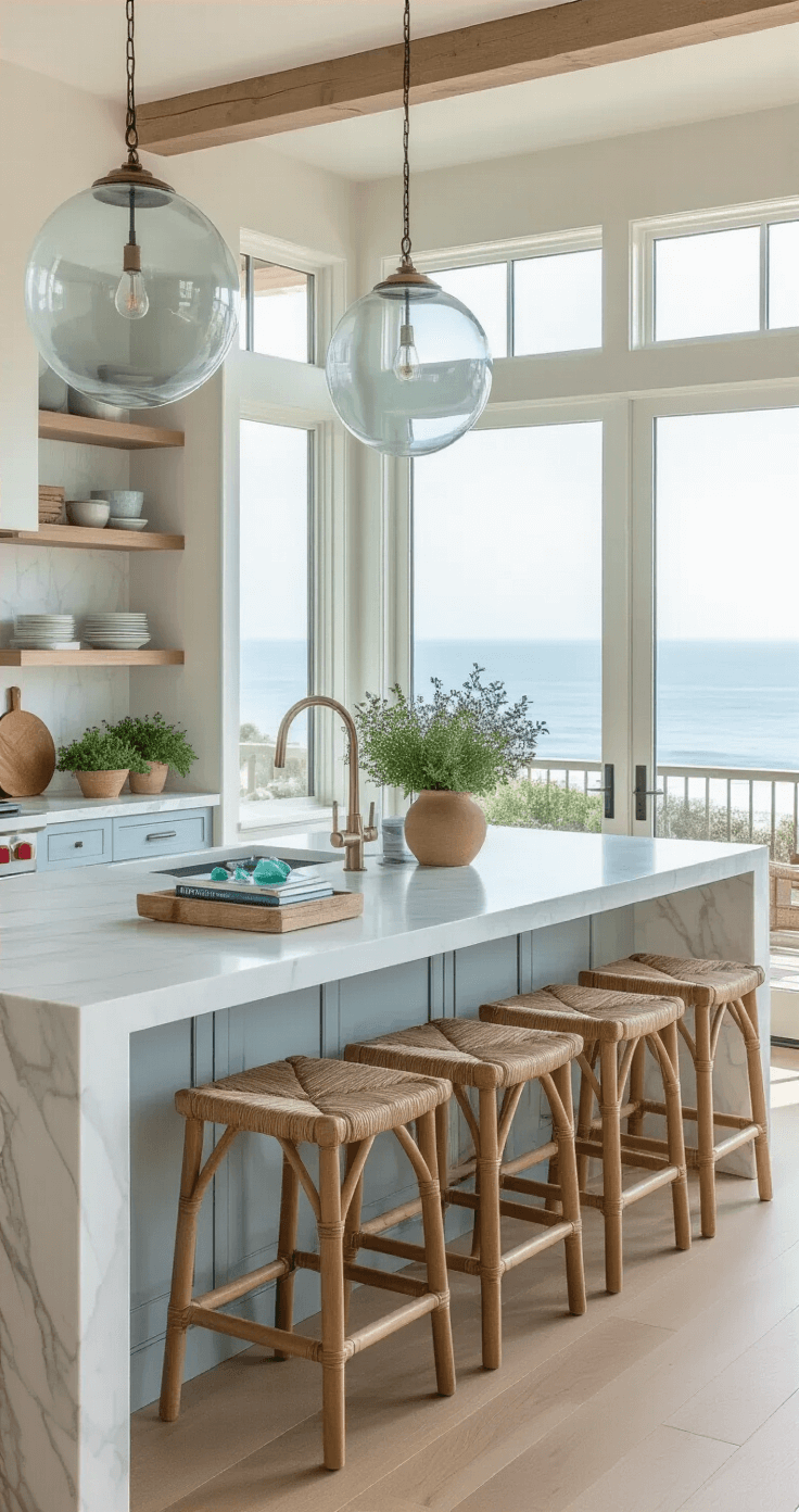 A bright coastal California kitchen featuring a white marble waterfall island with blue-gray cabinetry and natural wood accents, large windows with ocean views, oversized glass globe pendants, and casual seating with woven counter stools, complemented by fresh herbs in terracotta pots and a relaxed, airy atmosphere.