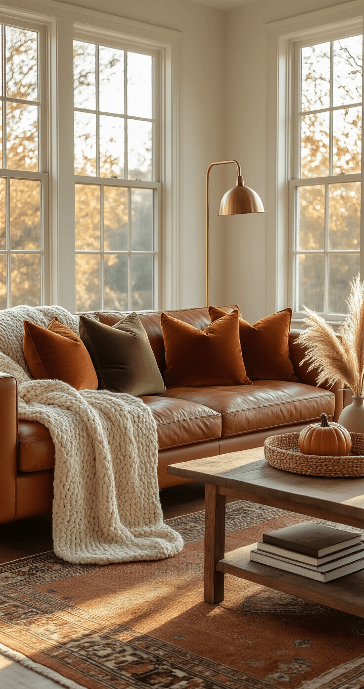 A cozy living room at golden hour, featuring a cream knit throw on a terracotta leather sofa, surrounded by olive velvet and rust wool cushions, with a brass floor lamp casting soft shadows, hardwood floors, a vintage Turkish rug, and a wooden coffee table adorned with pampas grass, art books, and a small ceramic pumpkin.