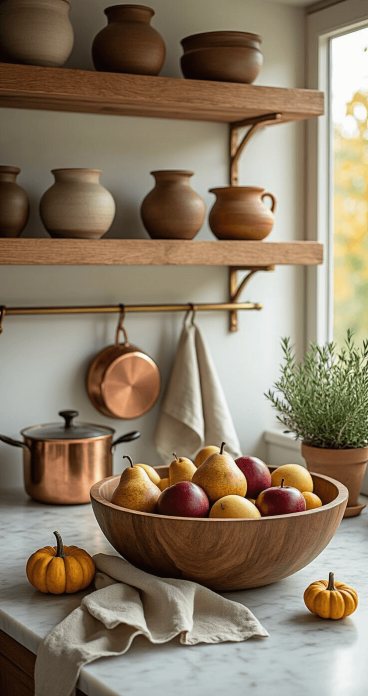 Intimate kitchen scene with wooden shelving displaying earthy ceramic vessels filled with dried herbs and decorative gourds, a marble countertop with a large wooden bowl of autumn fruits, linen towels in rust and olive, gleaming copper cookware, and a potted rosemary plant, all illuminated by warm morning light.