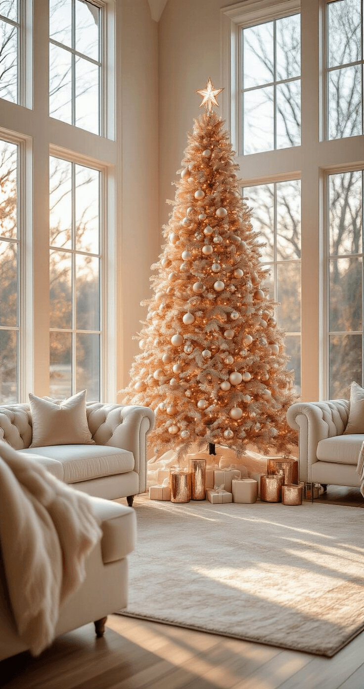 A luxurious living room featuring a 7.5-foot rose gold Christmas tree near floor-to-ceiling windows, illuminated by soft golden hour light, with velvet sofas, mercury glass candle holders, and champagne-toned ornaments, captured in an ultra-wide angle shot with soft bokeh effects and a warm color palette.