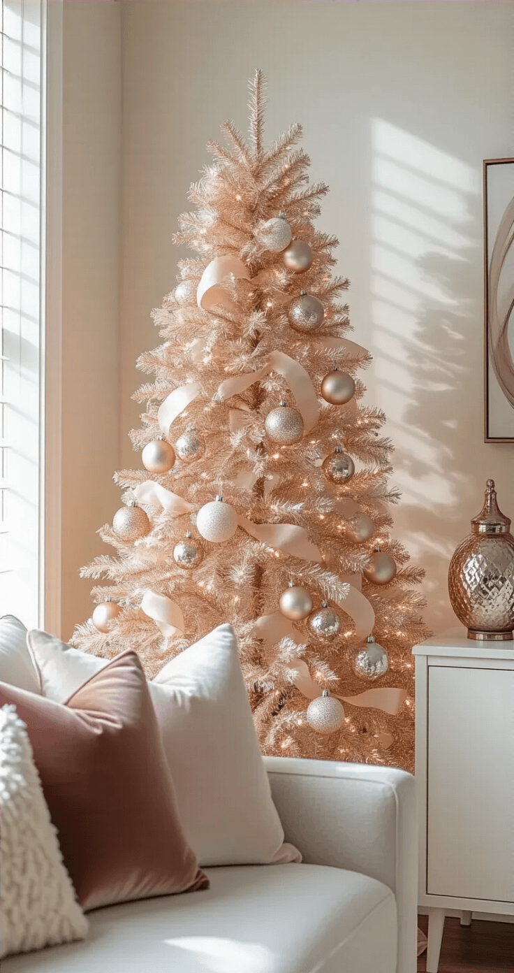 Intimate apartment living room corner featuring a rose gold Christmas tree adorned with blush and cream ornaments on a modern white console table, complemented by a dusty rose velvet throw pillow and a mercury glass lamp, all illuminated by soft warm white LED lights with natural side lighting.