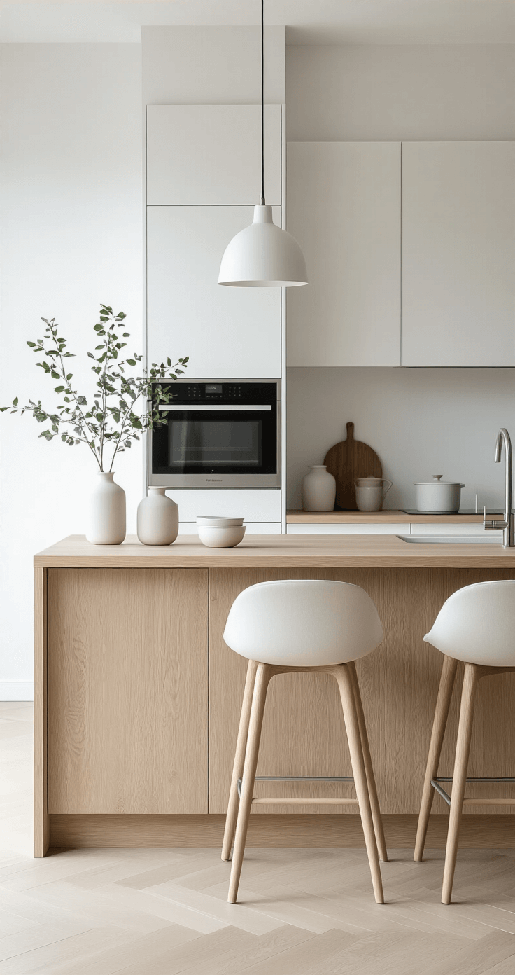 A Scandinavian-inspired kitchen featuring a pale oak island with integrated appliances, crisp white walls, and light wooden floors, accented by matte white bar stools and minimal decor, all illuminated by soft winter light.
