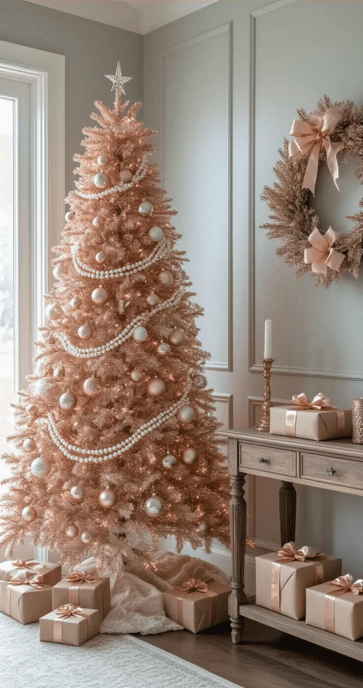 Elegant home entryway featuring a 6.5-foot rose gold Christmas tree adorned with vintage-style and contemporary ornaments, set against a soft gray wall, with a vintage console table displaying gifts wrapped in kraft paper and rose gold ribbons, all under warm accent lighting.