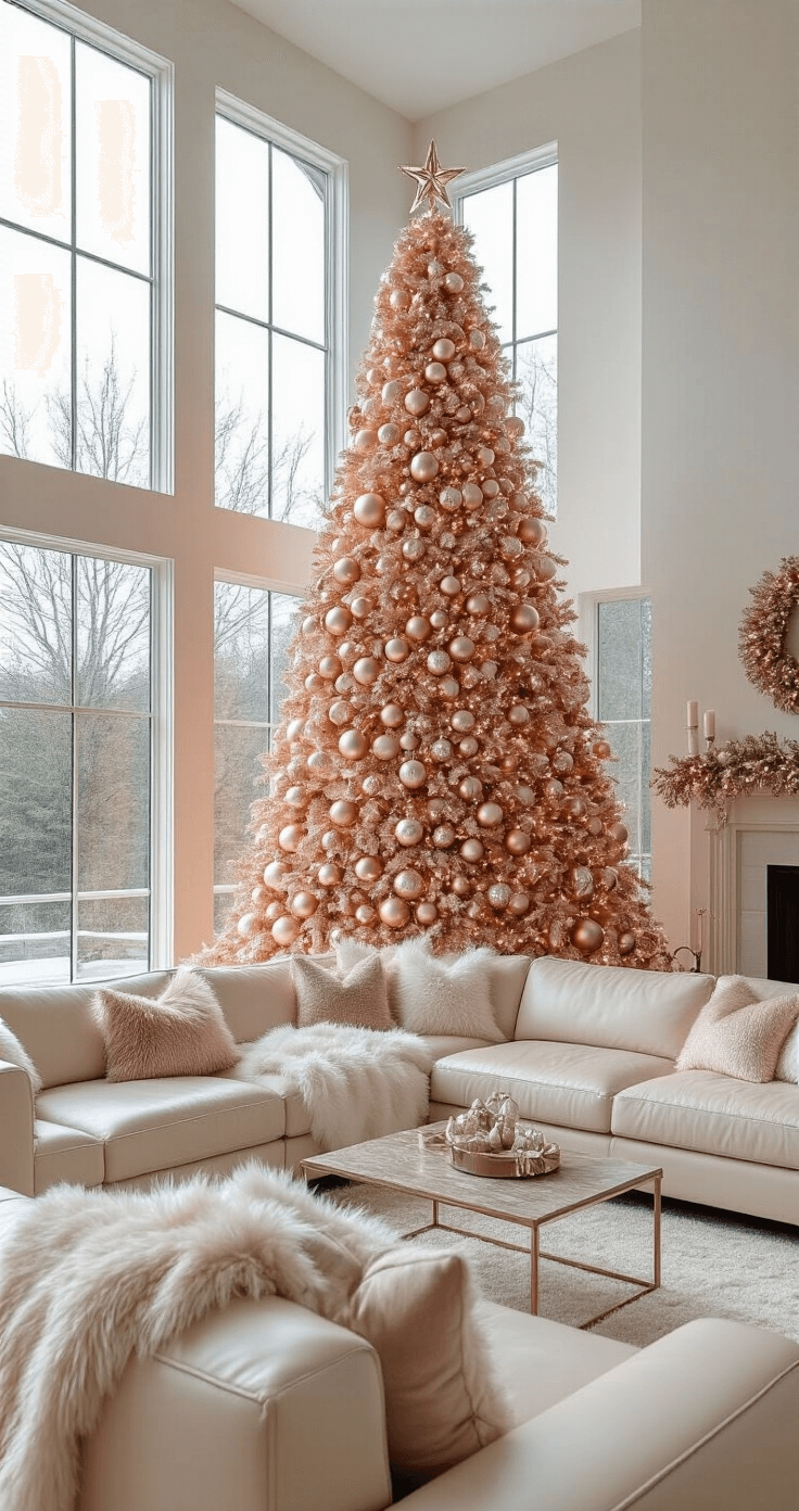 Spacious open-concept living area featuring a 9-foot rose gold Christmas tree as the focal point, surrounded by a cream leather sectional, faux fur throw, and carefully curated decor, with natural light enhancing the tree’s sheen and soft ambient lighting creating a warm atmosphere.