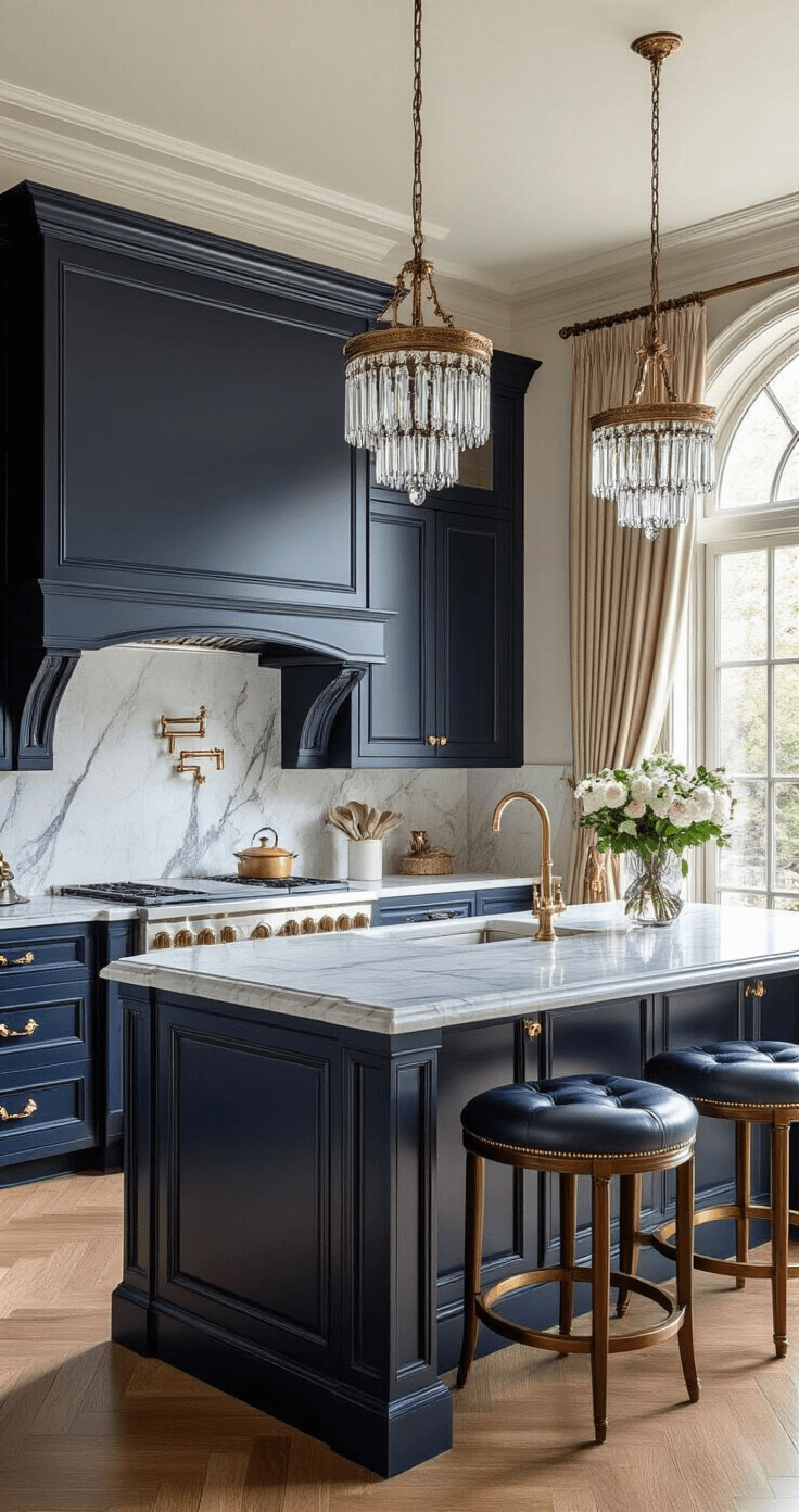 Elegant kitchen featuring a marble-topped island with deep navy blue cabinetry, ornate brass hardware, and crystal pendant lights. Antique brass bar stools with tufted leather seats provide seating. A large window with silk draperies lets in soft afternoon light, highlighting the intricate crown molding and herringbone wood floors. Angled view captures the island's luxurious details.