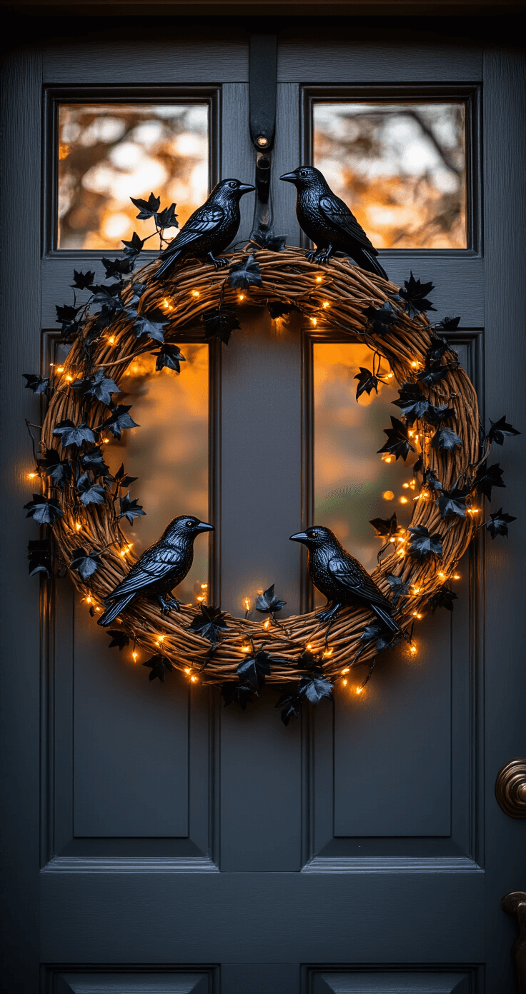 A Halloween wreath made of grapevine and black silk ivy, adorned with miniature black glittered ravens and orange LED fairy lights, hanging on a deep charcoal gray wooden door at twilight, illuminated by soft golden hour light.