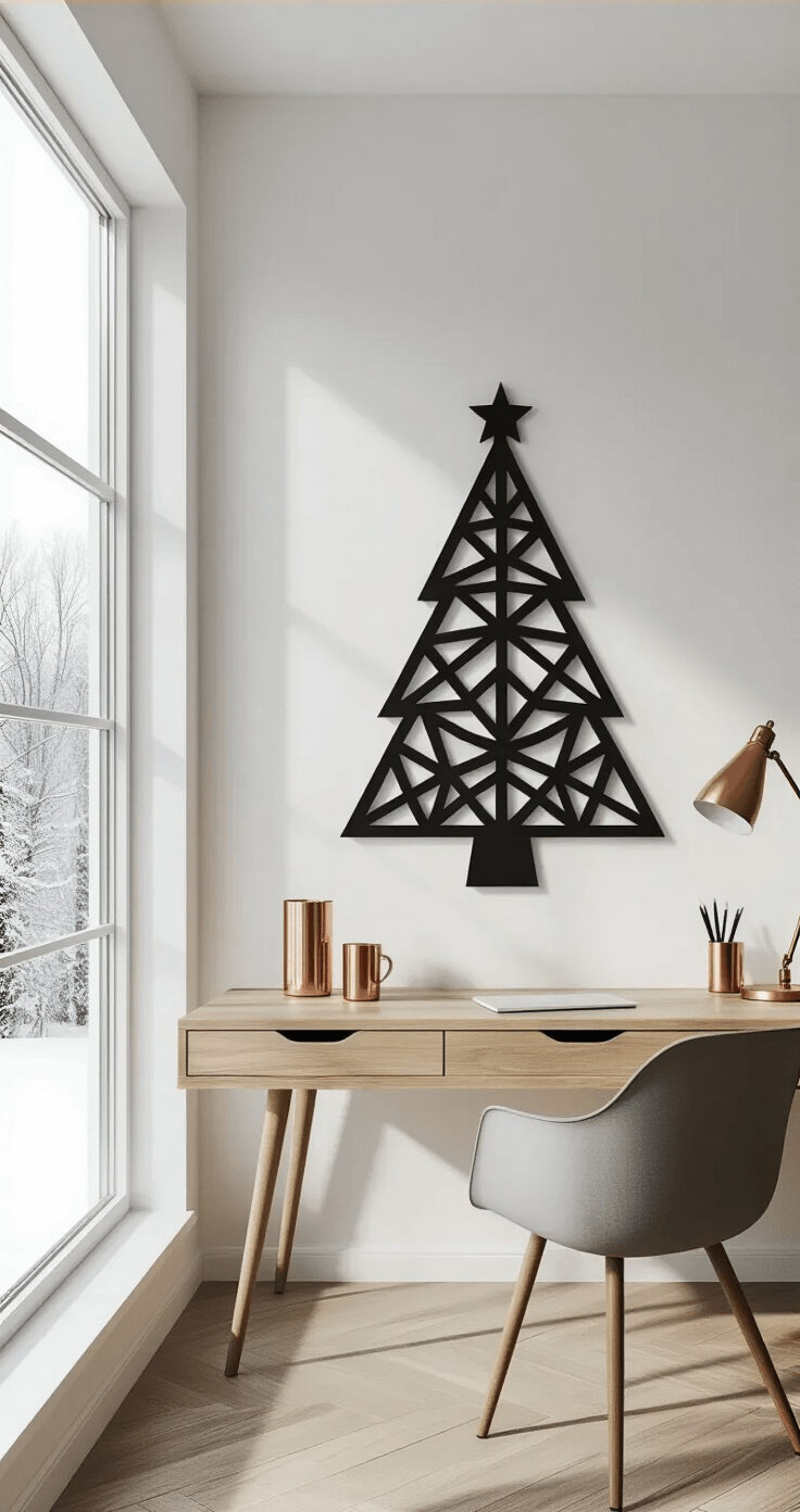 A modern Scandinavian-style home office featuring a geometric black cardstock Christmas tree template on a white wall, a minimalist oak desk with copper accessories, and a large window revealing a snow-dusted landscape, captured in a low angle shot with natural daylight creating subtle shadows.