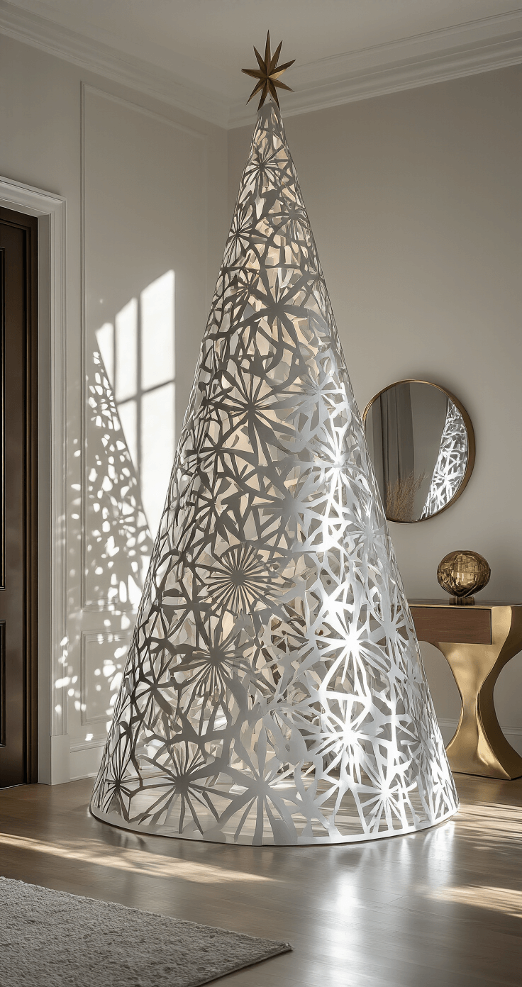Christmas Tree Templates: Your Complete Guide to Free Printable Designs and DIY Holiday Decor An elegant home entryway showcases a 7-foot Christmas tree template made from metallic silver cardstock, alongside a mid-century modern console table and a large round mirror, all illuminated by soft lighting that highlights the geometric lines.