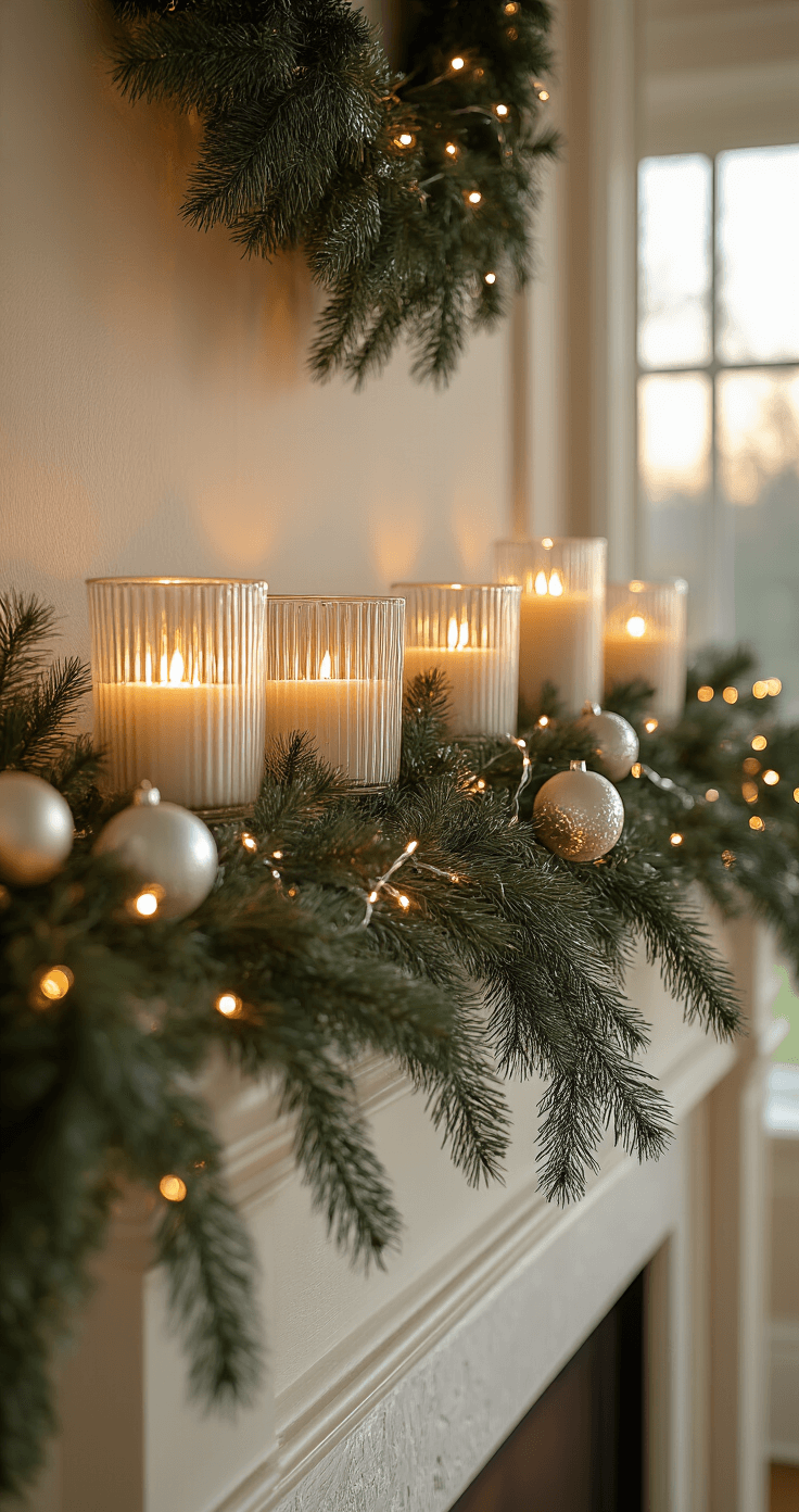 A beautifully decorated Christmas mantel with glass votive holders glowing warmly, faux greenery garland with string lights, silver and gold ornaments, and a soft, welcoming ambiance illuminated by golden hour light filtering through large windows.