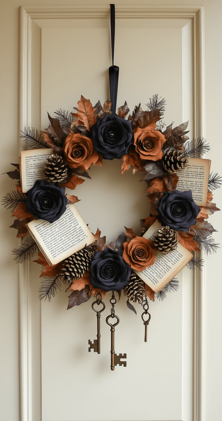Sophisticated Halloween wreath made of vintage book pages and black silk roses, adorned with brass skeleton keys and metallic pinecones, against a cream-colored wall, illuminated by soft natural light.