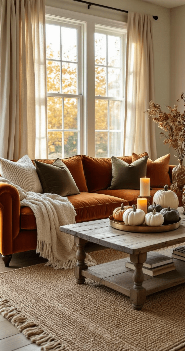 A cozy living room bathed in golden hour light, featuring a rust-colored velvet sofa with a cream throw, decorative pillows, a woven jute rug, and a wooden coffee table adorned with heirloom pumpkins and amber candles.