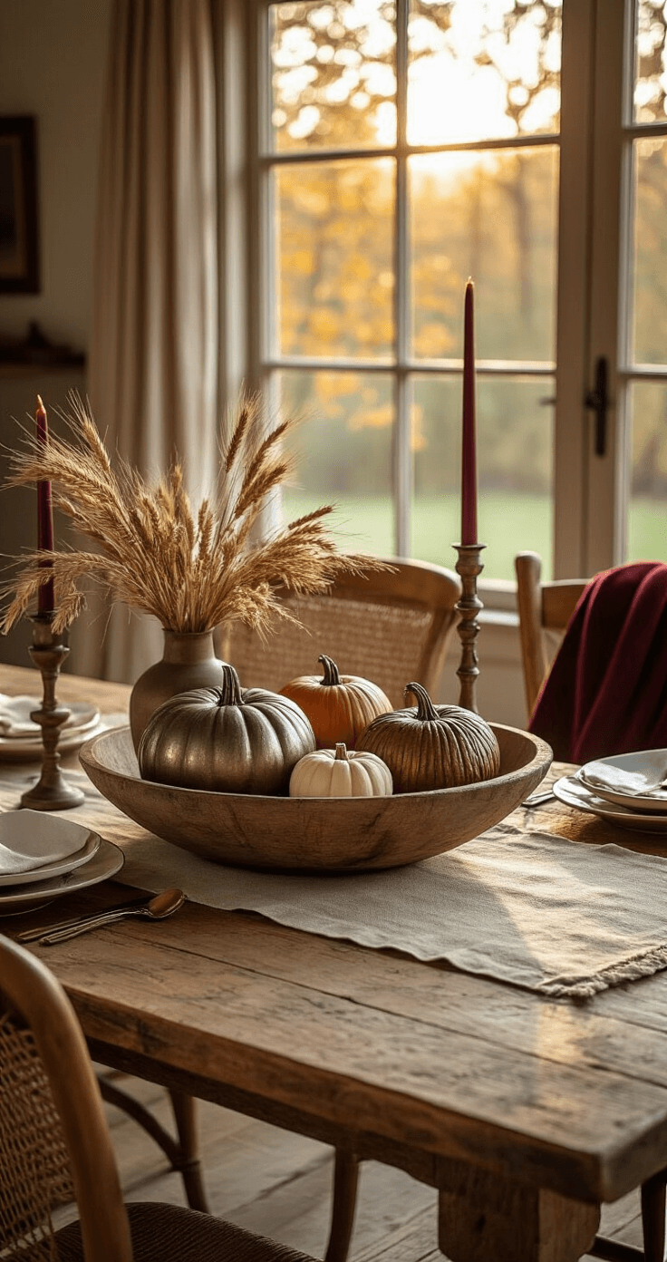 Intimate dining room scene with warm golden lighting, featuring a reclaimed wooden farmhouse table adorned with an earthy linen runner, vintage dough bowl filled with varied artificial pumpkins, dried wheat, and bronze candle holders, surrounded by woven jute chairs with cream cushions, and accented by a burgundy velvet throw on a sideboard.