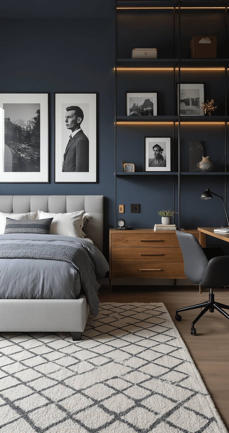 A sophisticated teenage boy's bedroom with charcoal grey and navy walls, featuring a tailored grey linen platform bed, open matte black shelving with vintage photography, a natural wood dresser, modern desk, ergonomic black chair, and a geometric wool area rug, illuminated by warm LED lighting and afternoon sunlight through grey linen curtains.