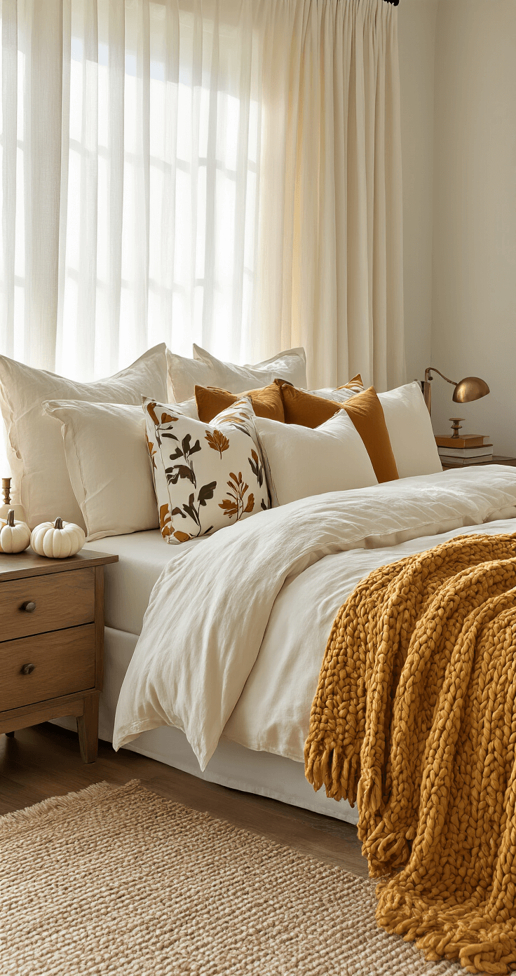 Serene bedroom with warm autumnal decor, featuring a king-sized bed dressed in an ivory duvet and colorful block print pillows, a mustard yellow knit throw, natural wooden accents, and a jute rug, all illuminated by soft morning light.