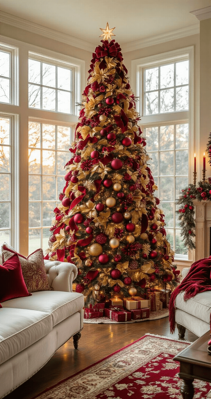A spacious, luxurious living room featuring a 12-foot Christmas tree decorated with deep crimson and gold ribbons, shimmering glass ornaments, and soft golden light streaming through bay windows, highlighting plush cream sofas with red holiday pillows, a burnished gold and red mantel with flickering candles, hardwood floors, and a Persian-style rug.