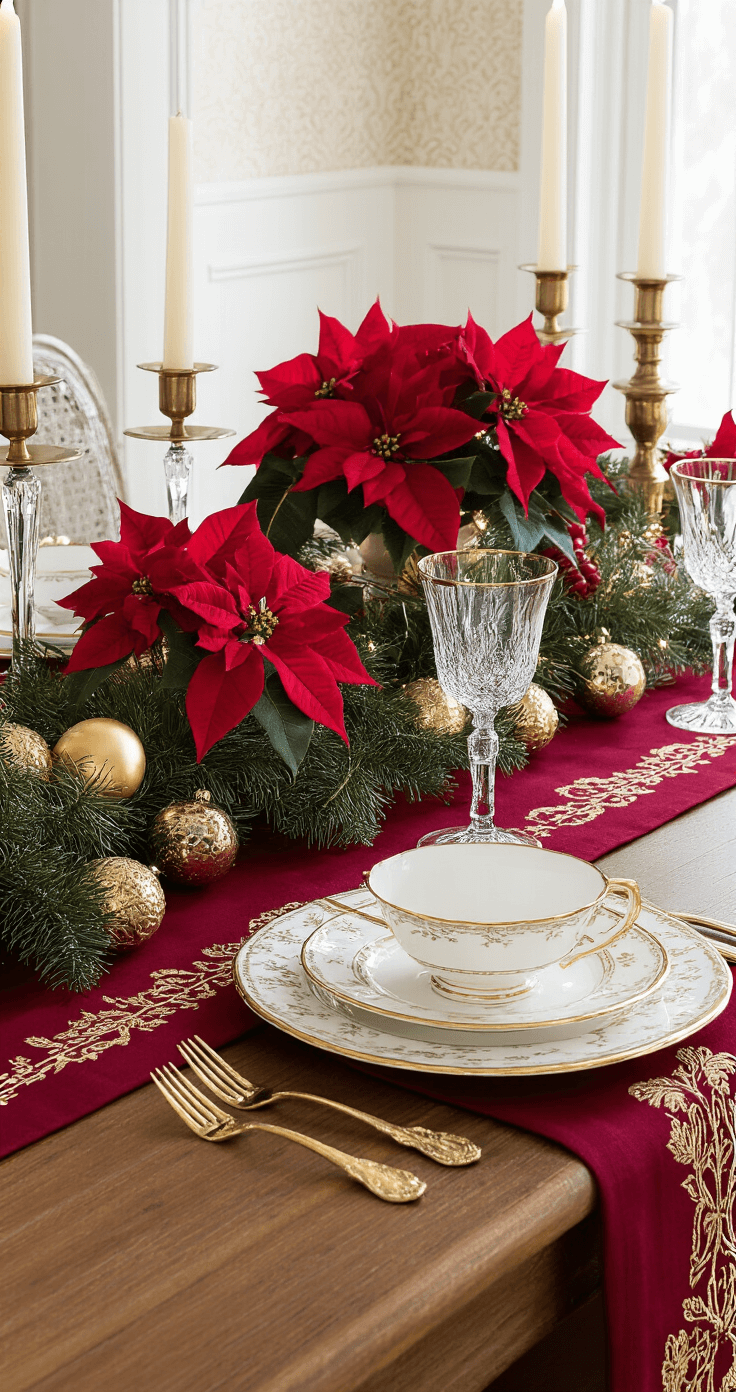 Elegant dining room tablescape with a deep red linen runner adorned with gold embroidery, fine bone china with gold rims, crystal stemware, and a centerpiece of red velvet poinsettias, pine branches, and burnished gold ornaments, all illuminated by warm candlelight against soft white walls with textured wallpaper, featuring brass candelabras, silver chargers, and mixed metallic accents, captured from a low angle with natural window light.
