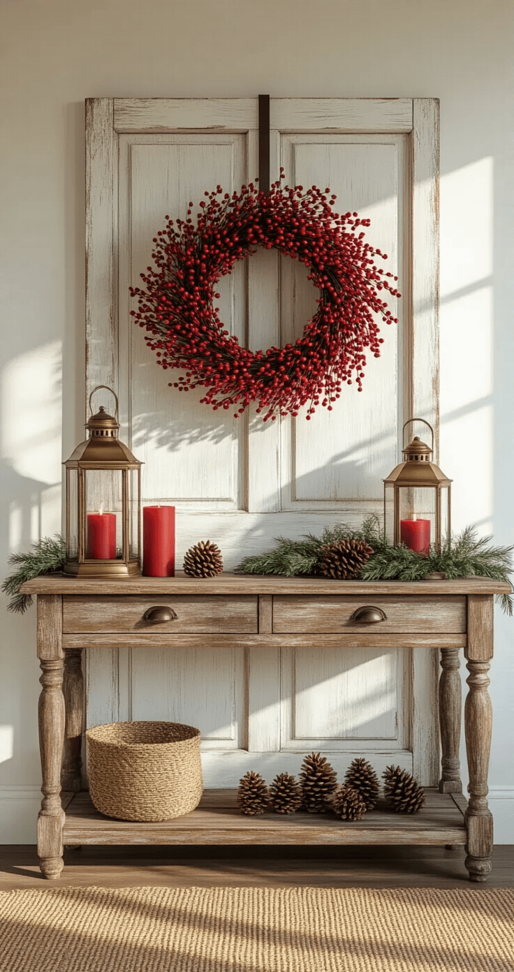 Rustic farmhouse entryway featuring a large red berry wreath on a distressed white door, vintage brass lanterns with red candles on a reclaimed wood console table, a jute runner, an antique brass mirror, and scattered pinecones and greenery, all bathed in warm afternoon light.