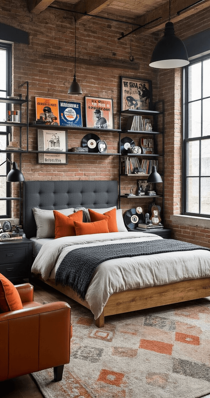 Industrial-inspired boys bedroom featuring an exposed brick accent wall, natural wood platform bed with a charcoal grey upholstered headboard, oversized black metal shelving units, and curated vintage sports memorabilia and vinyl records. Added warmth comes from rust orange throw pillows and a leather armchair, with dramatic lighting from a matte black desk lamp and industrial pendant light. A geometric area rug in muted tones anchors the space, illuminated by morning light streaming through large windows.