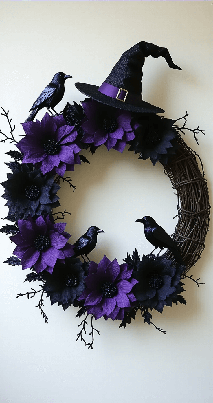 A spooky gothic Halloween wreath made of a black grapevine base adorned with black crepe paper flowers, faux crow silhouettes, and a miniature witch hat, captured in dramatic side lighting with purple undertones, creating mysterious shadows and high contrast.