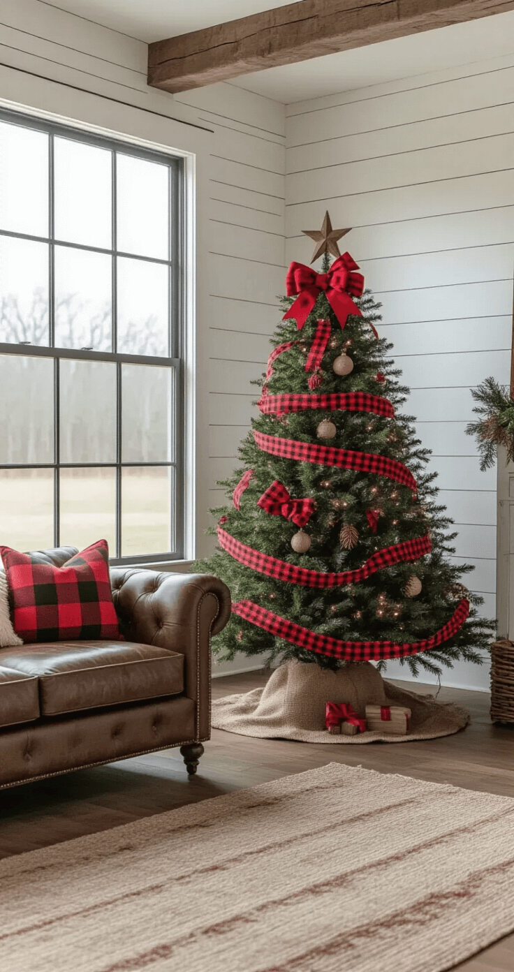 A modern farmhouse living room featuring a Christmas tree adorned with red bows and buffalo check ribbon, set against white shiplap walls and a distressed leather sofa on natural wood floors, with soft light filtering through a large industrial-style window.