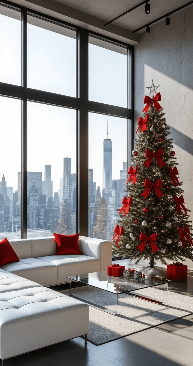 A minimalist Christmas tree adorned with ruby red bows and silver accents stands in a contemporary urban loft with concrete floors and floor-to-ceiling windows showcasing a city skyline. The sleek white leather sectional and glass coffee table provide a modern aesthetic, while dramatic overhead lighting highlights the tree's geometric design and clear ornaments.