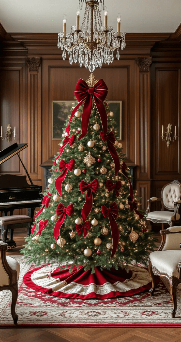 A classic traditional living room decorated for Christmas, featuring a formally adorned red bow tree, rich mahogany paneling, an antique oriental rug, and a crystal chandelier, with tufted chairs and a grand piano, all illuminated by soft, diffused lighting.