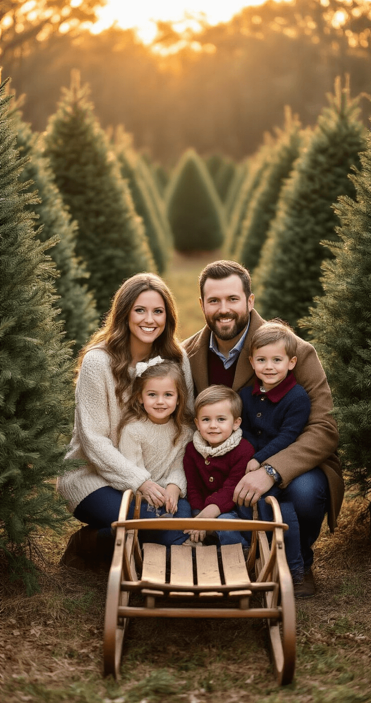 A warm family portrait at a Texas Christmas tree farm during golden hour, featuring a young family of four in coordinated cream, burgundy, and navy outfits, with a vintage sled in the foreground and dense evergreen trees in a rich forest green surrounding them.