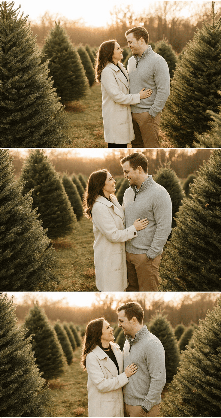 A couple in complementary neutral outfits shares a candid moment filled with laughter, surrounded by rows of Christmas trees at Dewberry Farm in soft golden afternoon light. The scene captures gentle touch and warm connection, with a slightly diagonal camera angle emphasizing the evergreen landscape and creating leading lines.