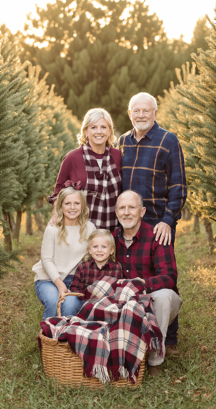 Generational family portrait at Holiday Acres farm featuring three generations in jewel tones, surrounded by rustic trees. A vintage woven basket and plaid blanket in the foreground, illuminated by soft late afternoon light, highlighting genuine interactions and familial connections.
