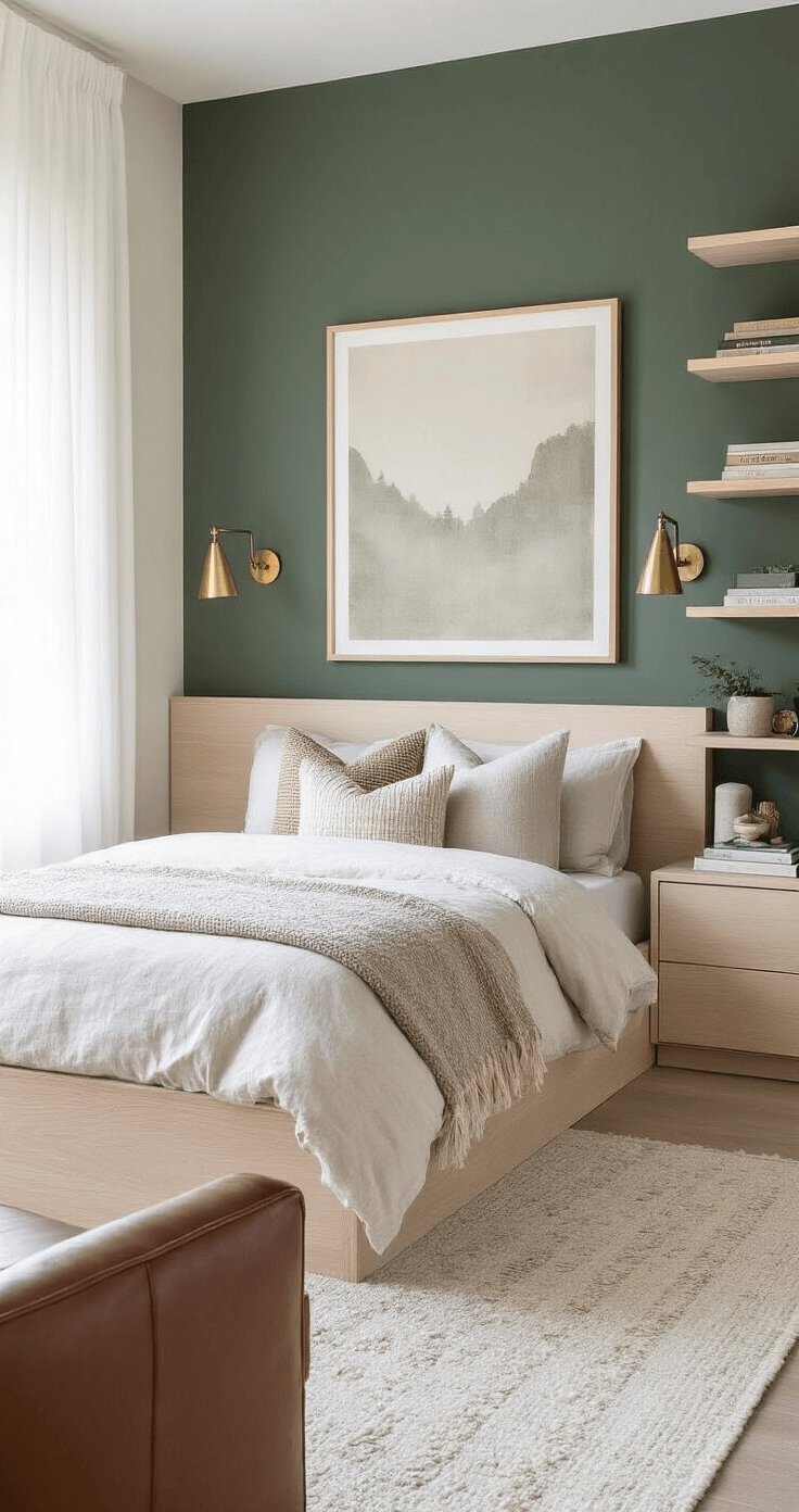 Modern minimalist boys bedroom featuring soft greige walls and a forest green accent wall, with a white oak platform bed, layered neutral bedding, open wood shelving with curated décor, brushed brass lighting, a vintage leather armchair, abstract artwork, and soft natural light from sheer white curtains.